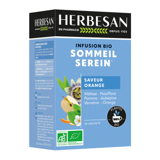 Herbesan Infusion Sommeil Serein Bio 20 sachets – infusion phytothérapie sommeil & détente