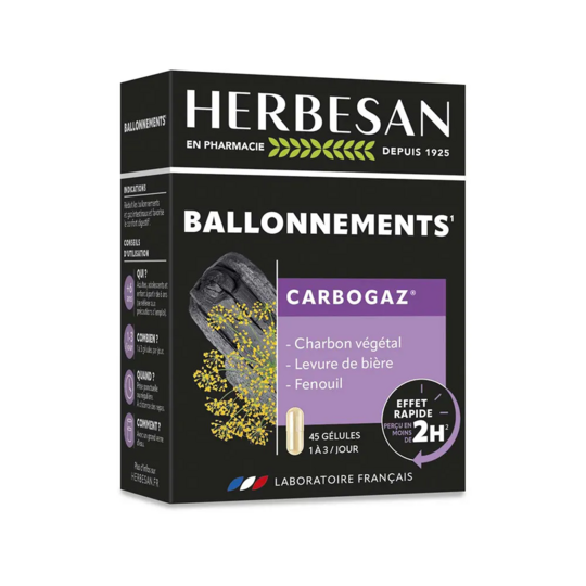 Herbesan Carbogaz ballonnement charbon végétal 45 gélules – digestion et gaz intestinaux