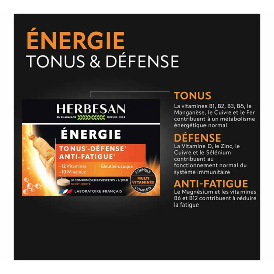 Herbesan Énergie 30 comprimés effervescents – complément alimentaire tonus immunité vitalité