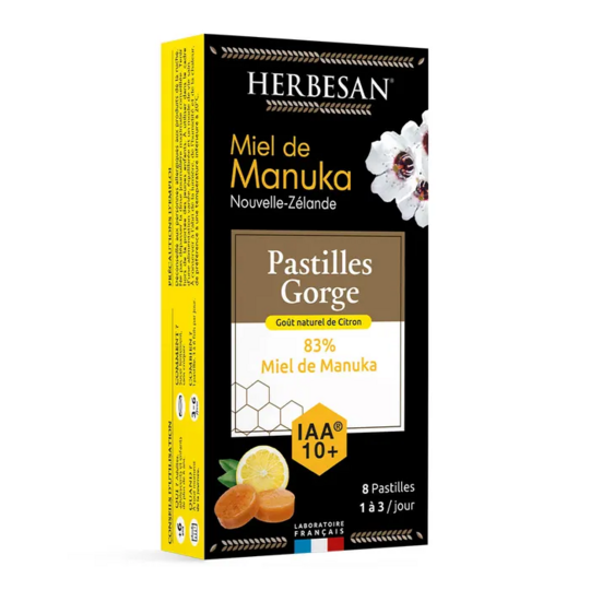 Herbesan Pastilles Miel de Manuka IAA10+ Citron 8 pastilles – pastilles gorge apaisantes miel naturel