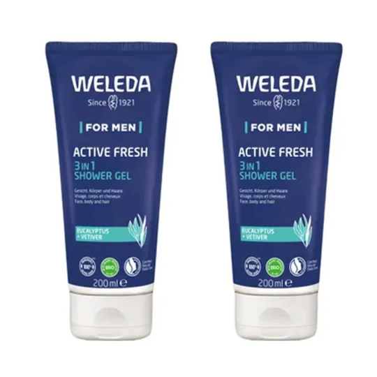 Weleda Homme Active Fresh 3 en 1 Gel Douche 2 × 200 ml – Tonifiant & rafraîchissant