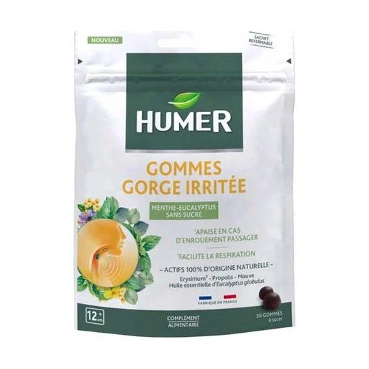 Humer Gorge irritée menthe eucalyptus 30 gommes – complément alimentaire apaisant pour la gorge et l'enrouement – actifs 100 % naturels