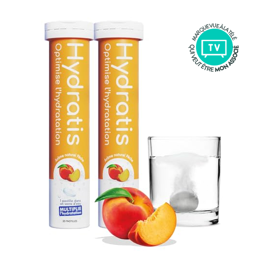 Hydratis Pêche 40 pastilles effervescentes – Lot de 2 tubes d’électrolytes pour l’hydratation
