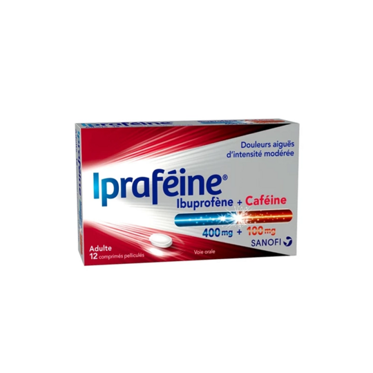 Iprafeine 400 mg/100 mg 12 comprimés Ibuprofène + caféine – Médicament contre les douleurs aiguës d'intensité modérée