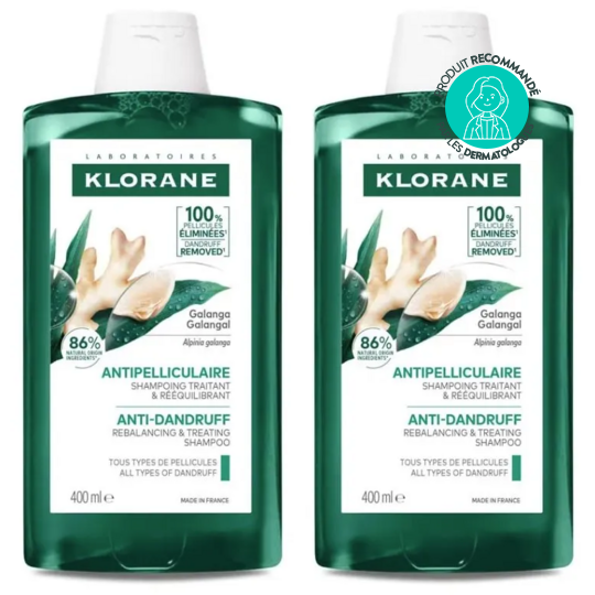 Klorane Galanga shampooing anti-pelliculaire 2x400 ml — soin traitant pellicules sèches et grasses