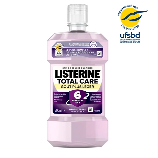 Listerine Total Care 6 en 1 Goût Plus Léger - Bacteries, email, gencives sensibles, caries, plaque  et haleine 500 ml