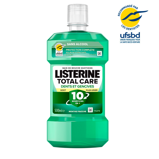 Listerine Total Care Bain de Bouche Protection Dents Et Gencives Goût Plus Léger au Fluor Sans Alcool 500 ml