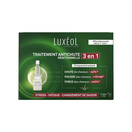 Luxéol traitement antichute réactionnelle 3 en 1 – 14 fioles de 7 ml pour chute soudaine, stress et changement de saison