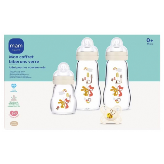 MAM 3 Biberons en Verre et 1 Sucette Mon Premier Coffret 0 Mois et +