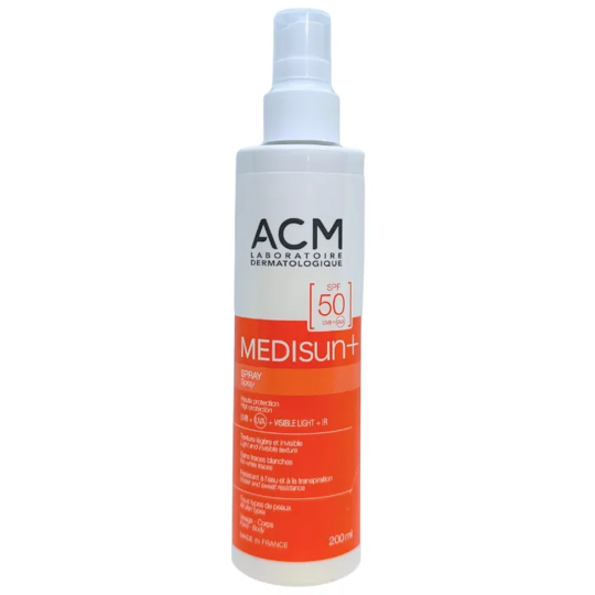 ACM Medisun+ spray solaire famille SPF50 200 ml – protection solaire UVA UVB lumière visible et infrarouges