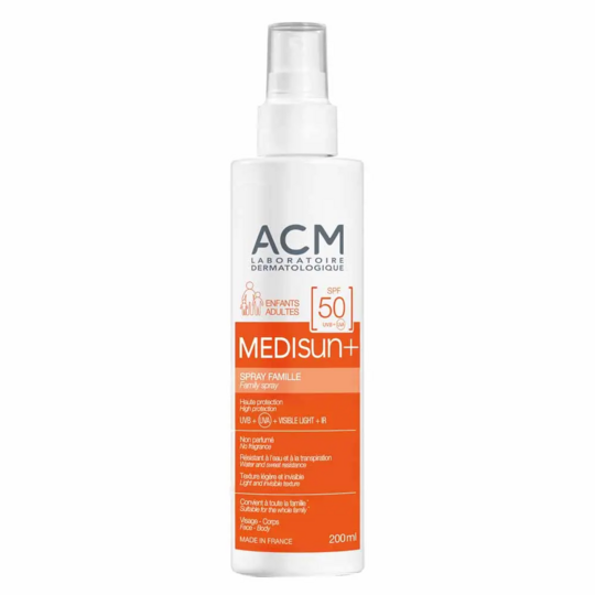 ACM Medisun+ Spray Solaire famille sans parfum SPF50 200 ml — spray solaire protection UVB UVA lumière visible infrarouges dès 3 ans