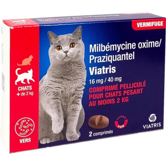 Milbémycine Praziquantel Viatris Chat – Vermifuge chat +2 kg – Boîte de 2 comprimés