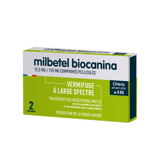 Milbetel Chien Arôme Viande – Vermifuge chien >5 kg – Comprimés arôme viande – Boîte de 2 comprimés