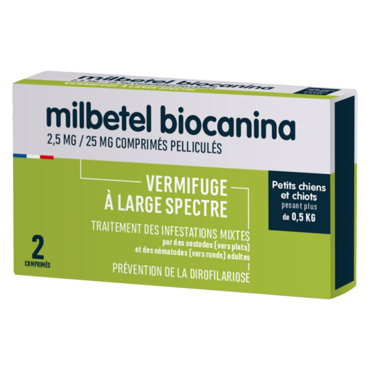 Milbetel 2,5 mg/25 mg Petits Chiens & Chiots – Vermifuge petits chiens et chiots – Comprimés – Boîte de 2 comprimés