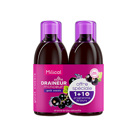 Milical Draineur Ultra Minceur Cassis 2 x 500 ml – Complément alimentaire drainage, détox et contrôle des graisses