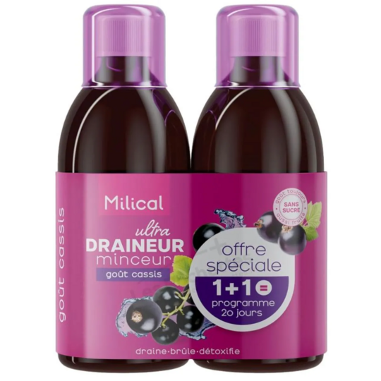 Milical Draineur Ultra Minceur Cassis 2 x 500 ml – Complément alimentaire drainage, détox et contrôle des graisses