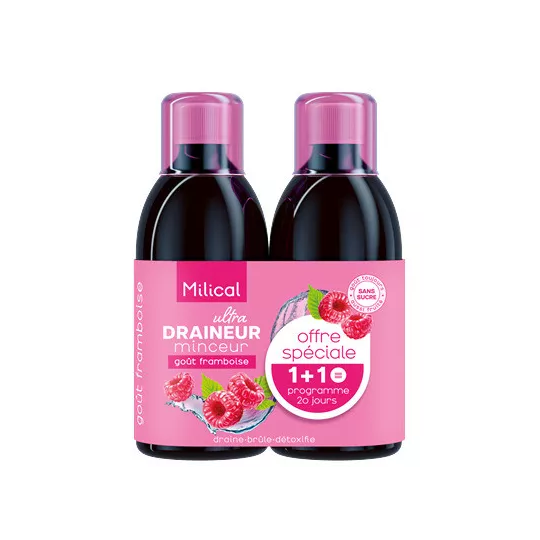 Milical Draineur Ultra Minceur Framboise 2 x 500 ml – Complément alimentaire drainage, détox et contrôle du poids