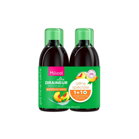 Milical Complément alimentaire Draineur Ultra Thé Vert & Pêche 2 x 500 ml – Drainage, détox et métabolisme des graisses