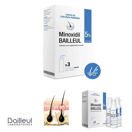 Minoxidil 5%  Bailleul chute de cheveux 3 Flacons