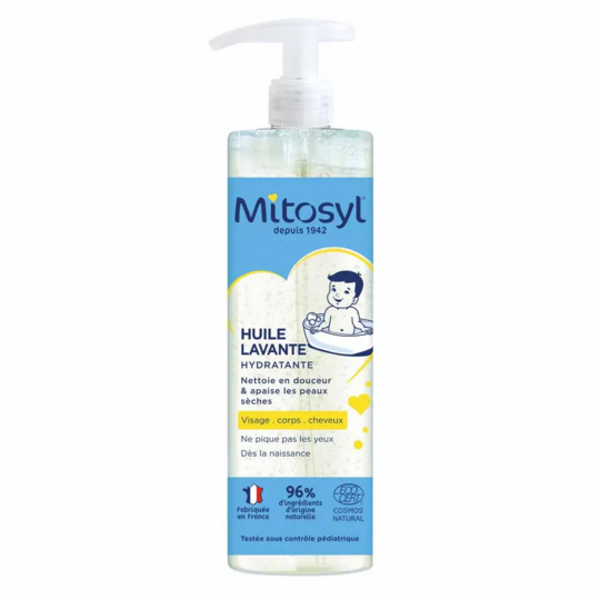 Mitosyl Huile de bain bébé peau sèche 490 ml – Nettoyant nourrissant dès la naissance