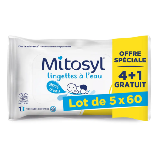Mitosyl Lingettes à l’eau Offre Spéciale 4 + 1 Gratuit – Lot de 5 x 60 lingettes, nettoyage doux & protection naturelle de la peau bébé