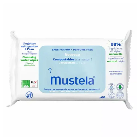 Mustela Lingettes nettoyantes à l'eau compostables 60 unités