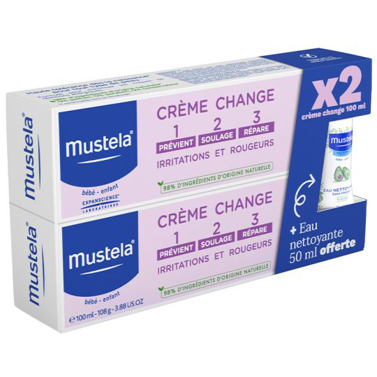 MUSTELA BEBE - Crème Change 1 2 3 Irritations & Rougeurs - Lot de 2 x 100 ml + Eau Nettoyante 50 ml offerte