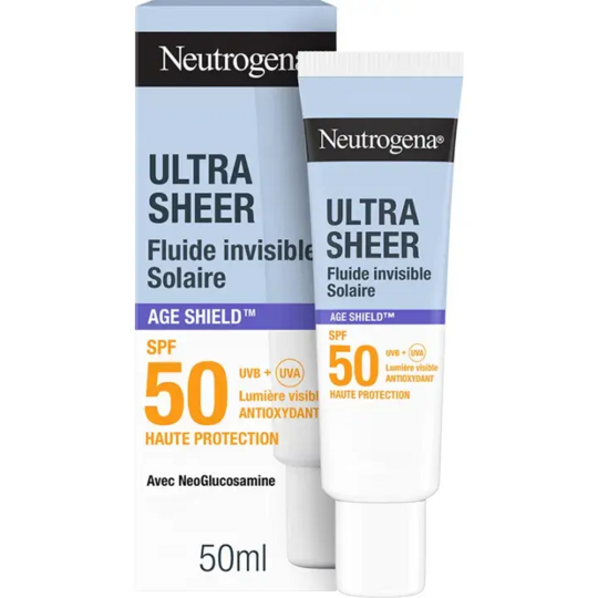 Neutrogena Ultra Sheer Age shield fluide solaire SPF50 50 ml — fluide solaire anti-âge toucher sec tous types de peaux
