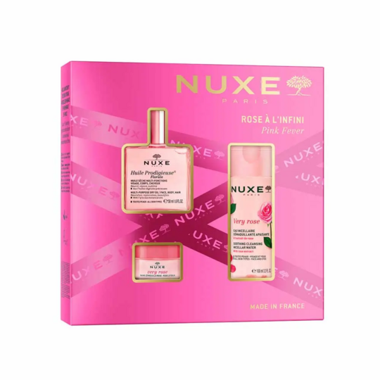 Nuxe Very Rose Coffret Rose à l’Infini – Huile Prodigieuse Florale 50 ml, Eau Micellaire 100 ml et Baume Lèvres 15 g