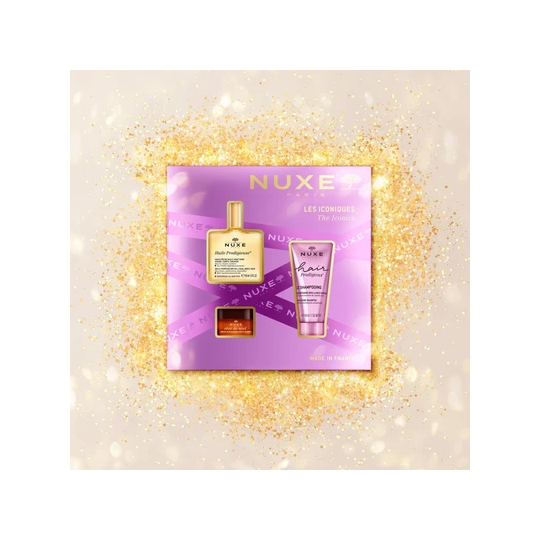Nuxe Coffret Les Iconiques – Huile Prodigieuse 50 ml, Shampooing Brillance Miroir 50 ml et Baume Lèvres Rêve de Miel 15 g