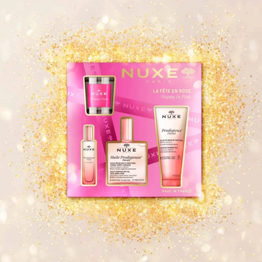 Nuxe Prodigieux Floral Coffret La Collection – Huile Prodigieuse Florale 100 ml, Le Parfum 15 ml, Gelée de Douche 100 ml et pochette dorée