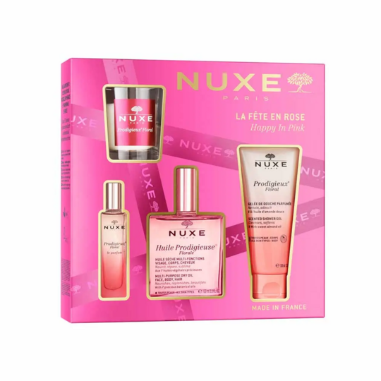 Nuxe Prodigieux Floral Coffret La Collection – Huile Prodigieuse Florale 100 ml, Le Parfum 15 ml, Gelée de Douche 100 ml et pochette dorée