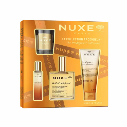 Nuxe Prodigieux Coffret La Collection – Huile Prodigieuse 100 ml, Le Parfum 15 ml, Huile de Douche 100 ml et pochette dorée