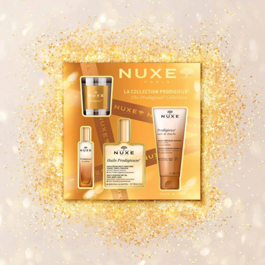 Nuxe Prodigieux Coffret La Collection – Huile Prodigieuse 100 ml, Le Parfum 15 ml, Huile de Douche 100 ml et pochette dorée