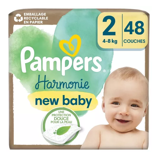 Pampers Harmonie couches bébé taille 2 4-8 kg coton et fibres végétales — pack de 48 couches 12 heures