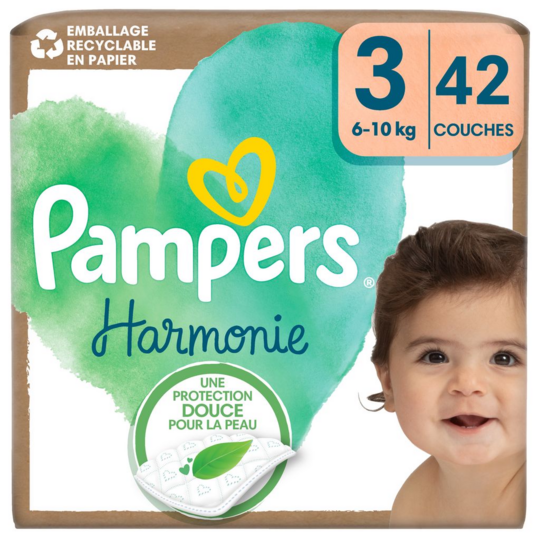 Pampers Harmonie couches bébé taille 3 6-10 kg hypoallergéniques certifiées OEKO-TEX — pack de 42 couches 12 heures