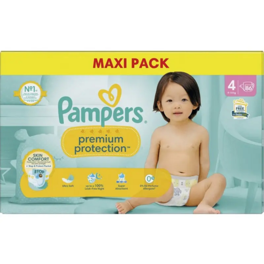 Pampers Premium Protection couches bébé taille 4 9-14 kg double protection peaux sensibles — pack de 86 couches
