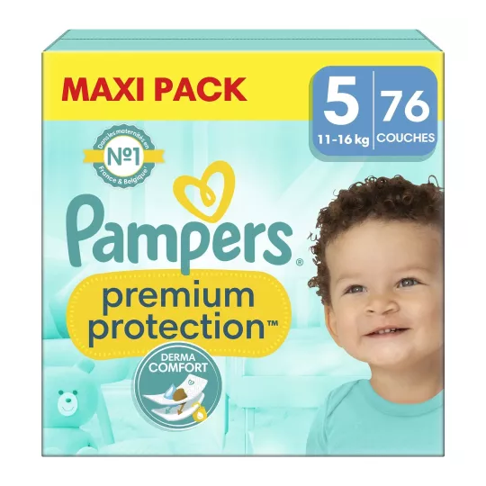 Pampers Premium Protection couches taille 5 11-16 kg double protection peaux sensibles — pack de 76 couches