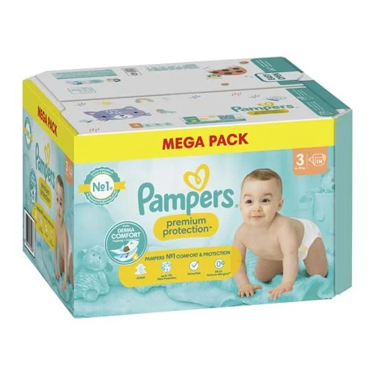 Pampers Premium Protection couches taille 3 6-10 kg voile Dermacomfort triple protection anti-fuites — pack de 114 couches