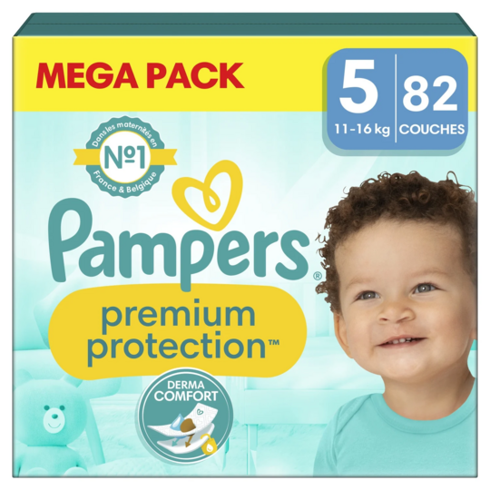 Pampers Premium Protection couches taille 5 11-16 kg voile micro-aéré indicateur urine 12h — méga pack 82 couches