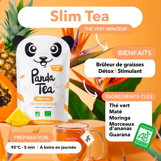 Panda Tea Slim Tea – Thé vert bio ananas-papaye au maté, 28 sachets