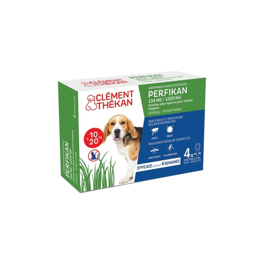 Clément Thékan Perfikan 134 mg/1200 mg Chien 10–20 kg – Antiparasitaire externe chien 10–20 kg – Solution pour application cutanée (spot-on) – Boîte de 4 pipettes de 2,20 ml