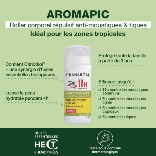 Pranarôm Aromapic roller corporel répulsif anti-moustiques et tiques 75 ml — protection zones infestées