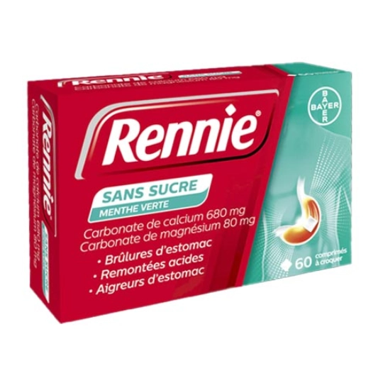 Rennie Brûlures d’Estomac & Remontées Acides Menthe Verte 60 comprimés à croquer – Médicament antiacide à action rapide