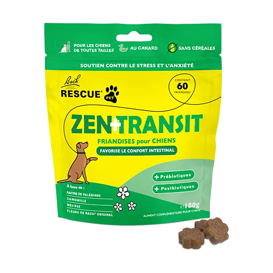 Rescue® Pets Zen+ transit friandises pour chiens – complément apaisant et soutien digestif aux prébiotiques et fleurs de bach