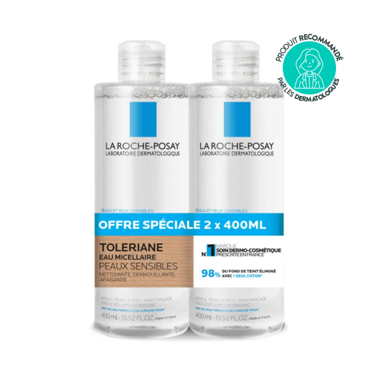 La Roche-Posay Toleriane Eau micellaire 2 x 400 ml, Démaquillant peaux sensibles
