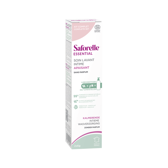 Saforelle Essential – Kit de Démarrage Soin Lavant Intime Apaisant 2 recharges de 6 g + flacon à pompe