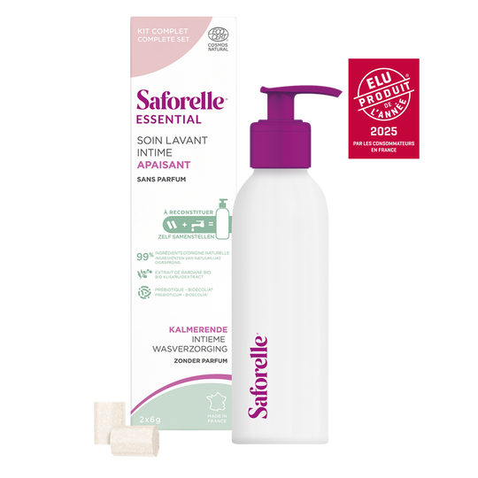 Saforelle Essential – Kit de Démarrage Soin Lavant Intime Apaisant 2 recharges de 6 g + flacon à pompe
