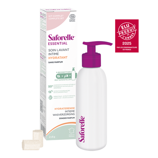 Saforelle Essential – Kit de Démarrage Soin Lavant Intime Hydratant 2 recharges de 6 g + flacon à pompe