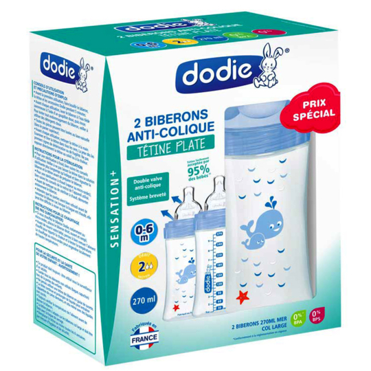 SENSATION+ - Kit 2 Biberons Anti-Colique 0 - 6 mois - Tétine Plate Débit 2 - 270 ml